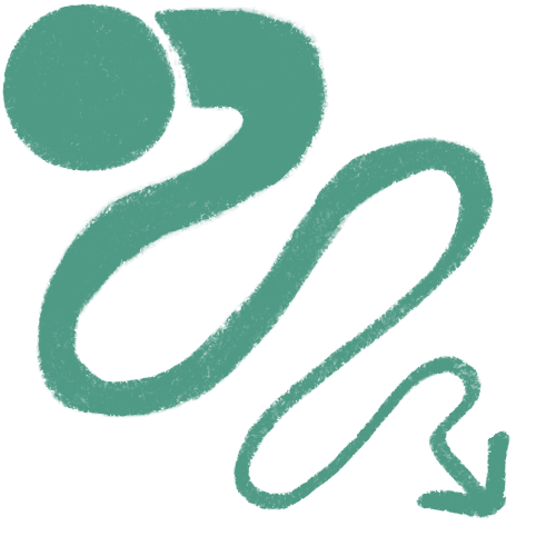 a winding line that starts in the top left corner, with a circle at the start, the line is thick at the start and gets smaller as it progresses. It ends in the bottom left corner with an arrow. It is a turquoise blue.